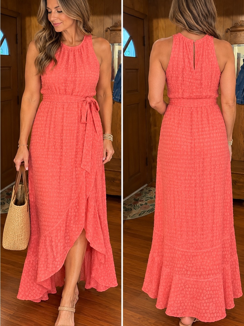 Vince Camuto Coral High-Low Maxi Dress with Waist Tie